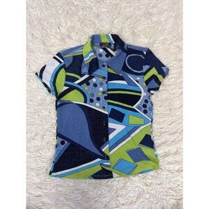 Eye Candy Vintage 90 Gold Sparkle Blue & Green Abstract Print Top Size Small